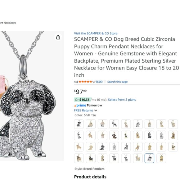 Shih Tzu Pet Lovers Dog Breed Puppy Owners Rhodium Sterling Silver CZ Necklace - Picture 2 of 9